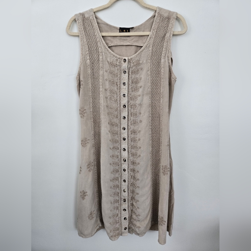 L.S.I Rayon Bohemian Earthy Embroidered Festival Hippie Mini Dress Size S/M